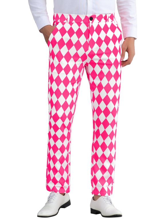 Men's Pant Diamond Plaid Pattern Regular Fit Color Block Suit Trousers 34 Pink