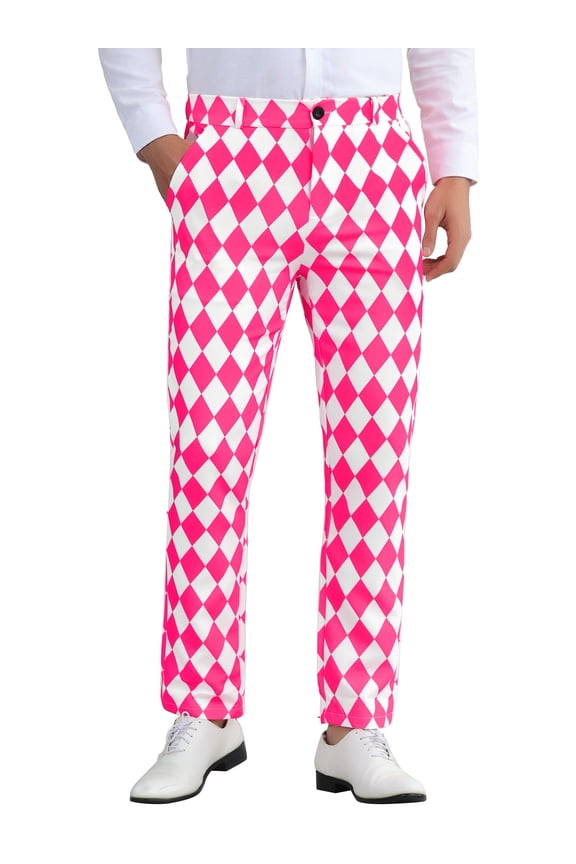 Men's Pant Diamond Plaid Pattern Regular Fit Color Block Suit Trousers 38 Pink