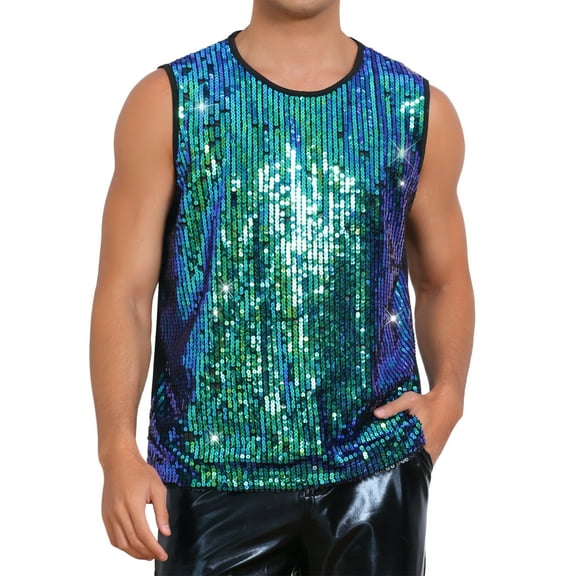 INSPIRE CHIC Men's Patchwork Sleeveless Party Night Out Sparkle Sequin Tank Top 2XL Green