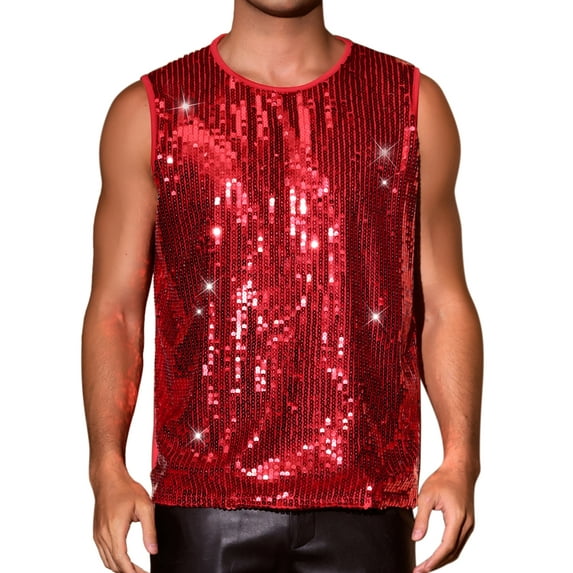 INSPIRE CHIC Men's Patchwork Sleeveless Party Night Out Sparkle Sequin Tank Top L Red