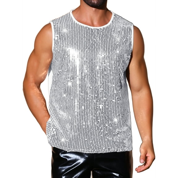 INSPIRE CHIC Men's Patchwork Sleeveless Party Night Out Sparkle Sequin Tank Top S Silver