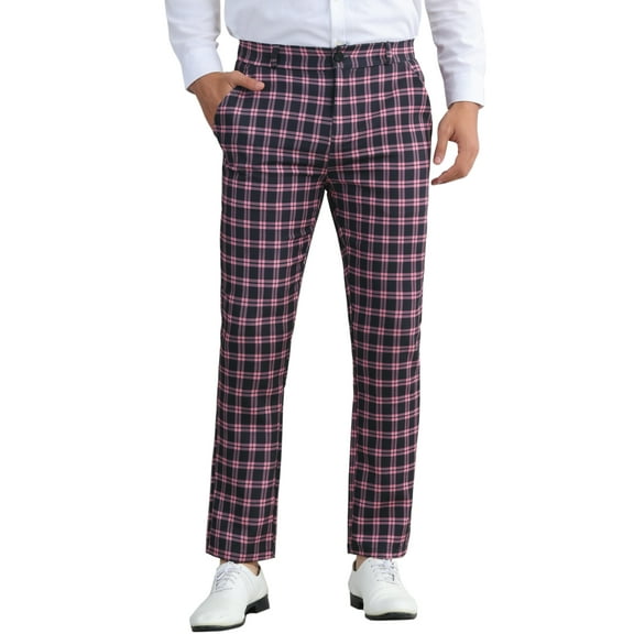 INSPIRE CHIC Men's Pants Plaid Mid-Waist Classic Business Checked Dress Pants 34 Dark Pink