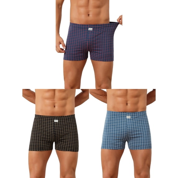 INSPIRE CHIC Men's Plaid Mid-Waisted Lightweight Breathable Knitted Boxer Shorts 3 Packs 34 1 Black 1 Dark Blue 1 Blue