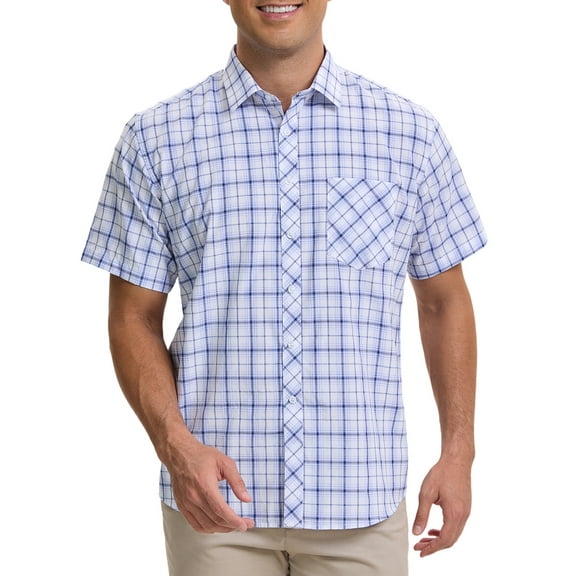 INSPIRE CHIC Men's Plaid Shirts Short Sleeved Button Down Classic Business Checked Dress Shirt M Blue White