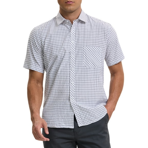 INSPIRE CHIC Men's Plaid Shirts Short Sleeved Button Down Classic Business Checked Dress Shirt M White Black