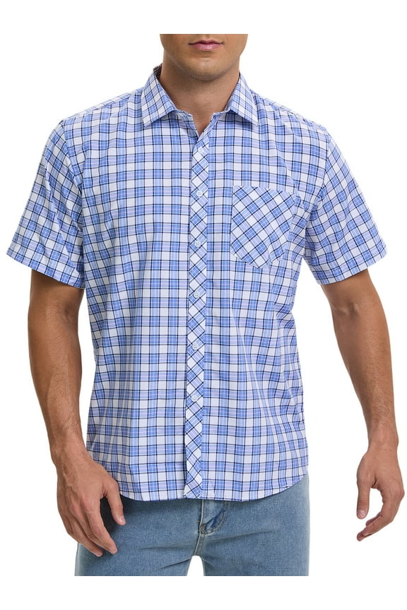 Men's Plaid Shirts Short Sleeved Button Down Classic Business Checked Dress Shirt S Navy White