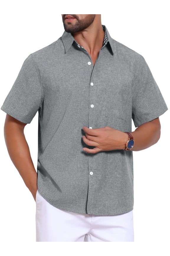 Men's Plain Linen Chest Pocket Short Sleeve Contrast Color Collar Shirts XL Gray