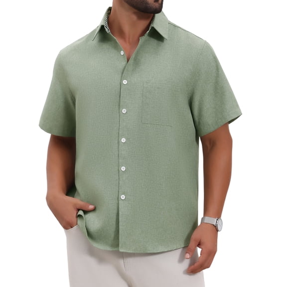 INSPIRE CHIC Men's Plain Linen Chest Pocket Short Sleeve Contrast Color Collar Shirts XL Light Green