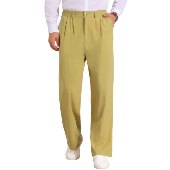 INSPIRE CHIC Men's Pleated Side Pockets Breathable Lightweight Linen Dress Pants 32 Olive Green