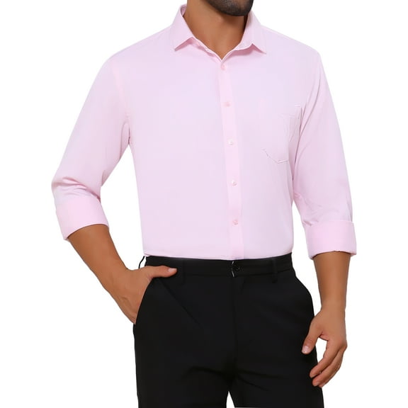 INSPIRE CHIC Men's Shirt Point Collar Long Sleeve Button Solid Color Business Dress Shirt L Pink