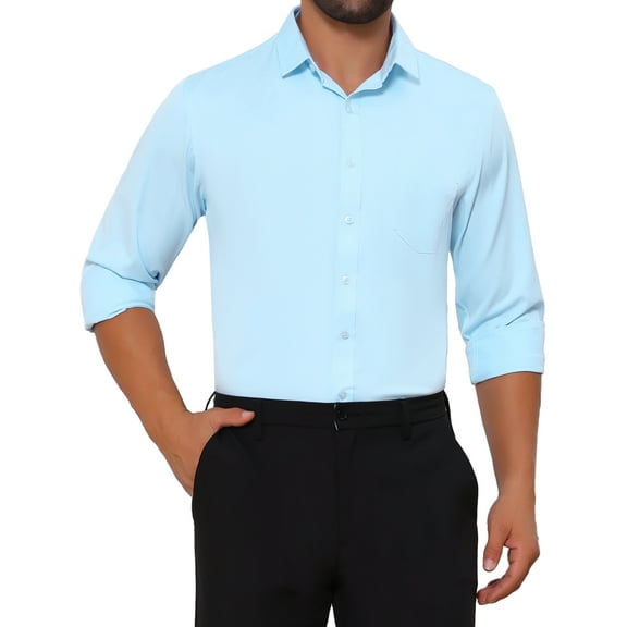INSPIRE CHIC Men's Shirt Point Collar Long Sleeve Button Solid Color Business Dress Shirt XL Light Blue