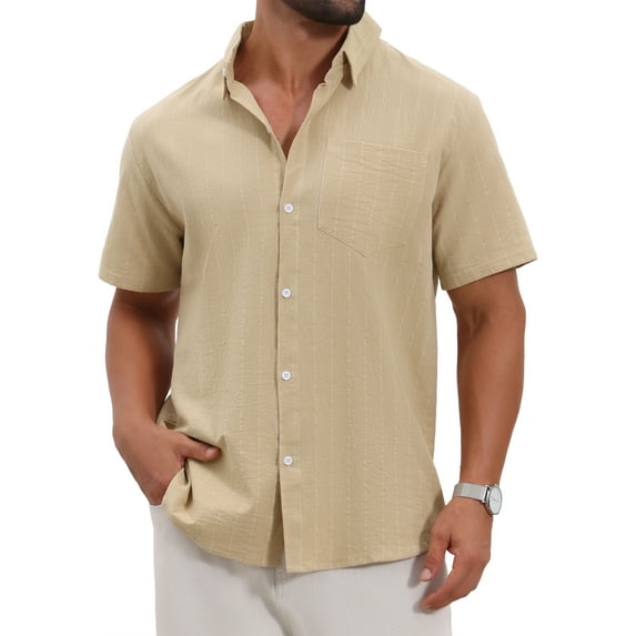 INSPIRE CHIC Men's Point Collar Short Sleeve Button Down Casual Stripes Linen Shirts 3XL Khaki