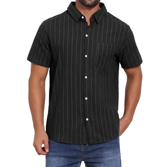 INSPIRE CHIC Men's Point Collar Short Sleeve Button Down Casual Stripes Linen Shirts M Black