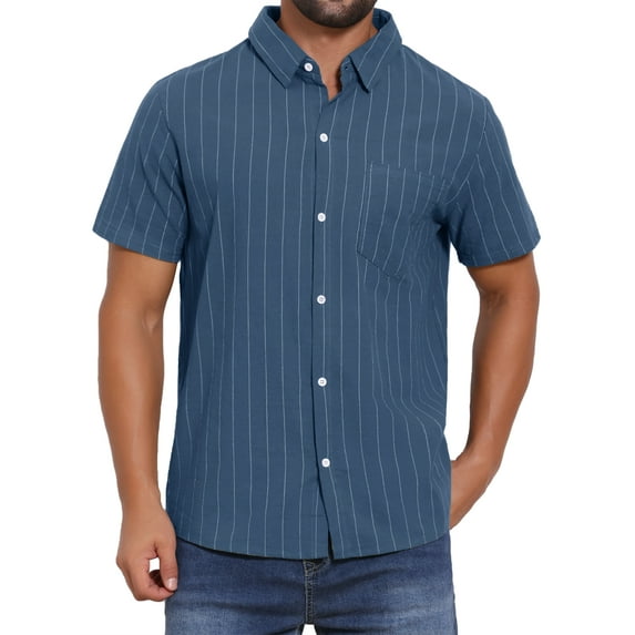 INSPIRE CHIC Men's Point Collar Short Sleeve Button Down Casual Stripes Linen Shirts M Dark Blue
