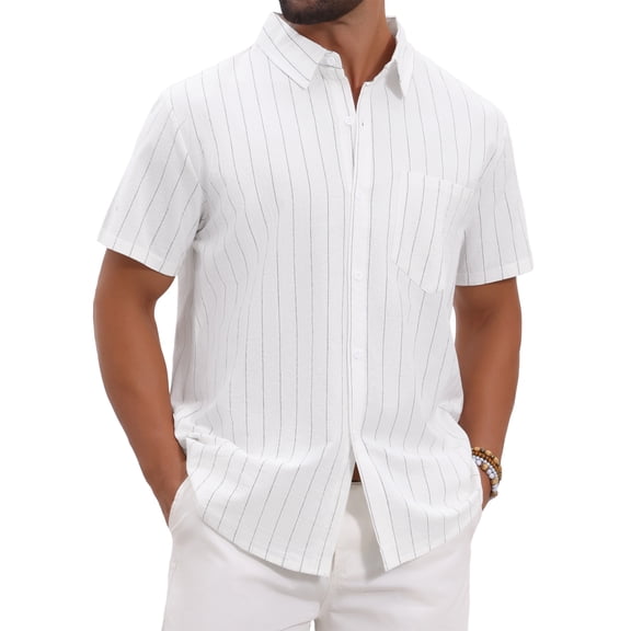 INSPIRE CHIC Men's Point Collar Short Sleeve Button Down Casual Stripes Linen Shirts M White