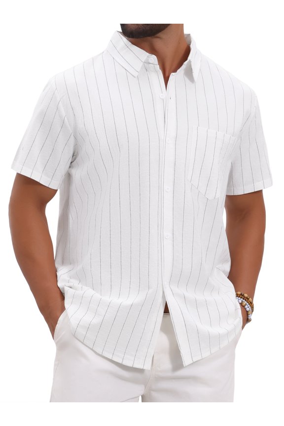 Men's Point Collar Short Sleeve Button Down Casual Stripes Linen Shirts XL White