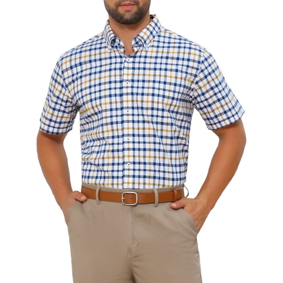 INSPIRE CHIC Men's Shirts Point Collar Short Sleeve Plaid Button Business Dress Shirt M Blue Yellow