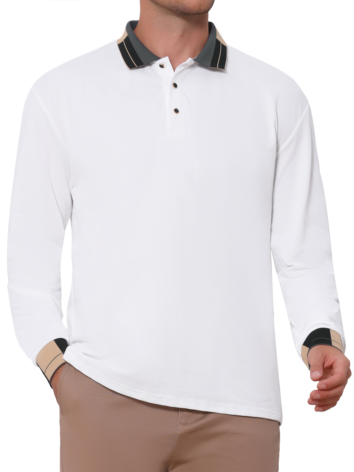 INSPIRE CHIC Men's Polo Shirt Long Sleeve Button Striped Collared Polo Shirts M White