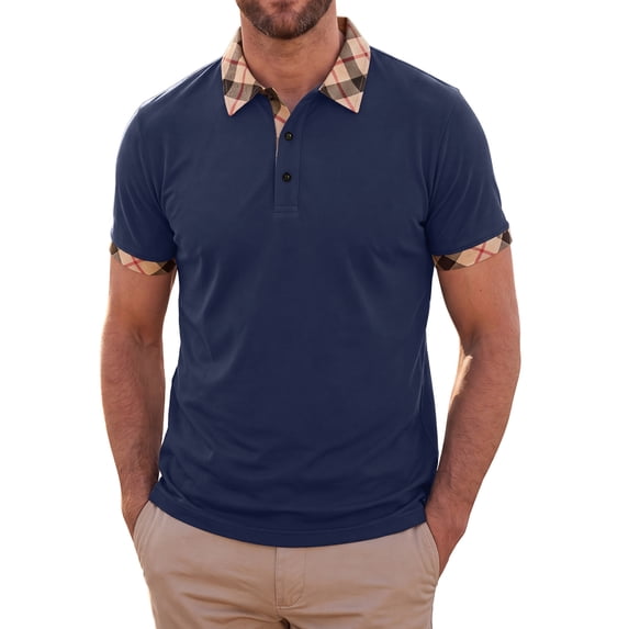 INSPIRE CHIC Men's Polo Shirt Short Sleeve Contrast Plaid Collar Golf Shirts XL Navy Blue