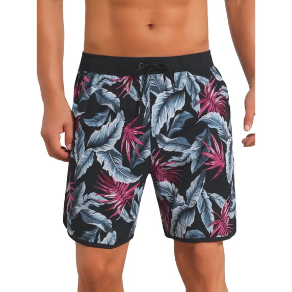 INSPIRE CHIC Men's Trunks Tropical Leaf Print Elastic Drawstring Waist Beach Board Shorts 28 Black Red