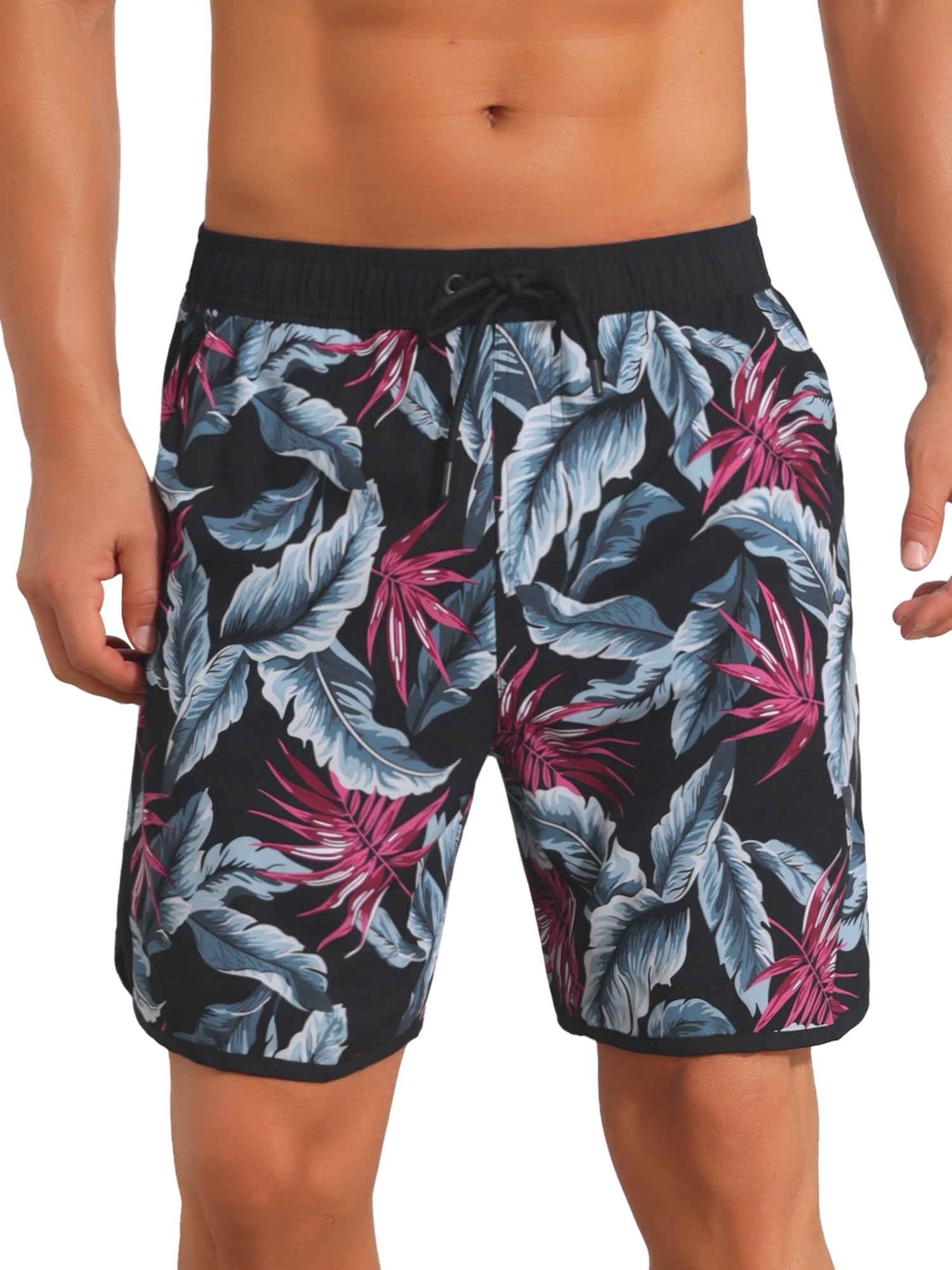 INSPIRE CHIC Men's Printed Elastic Liner Drawstring Swimming Shorts with Pockets 30 Black Red