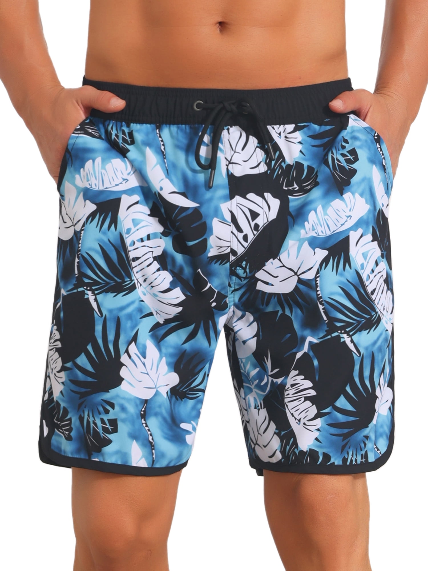 INSPIRE CHIC Men's Printed Elastic Liner Drawstring Swimming Shorts with Pockets 30 Blue White