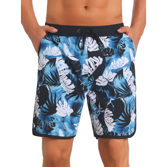 INSPIRE CHIC Men's Trunks Tropical Leaf Print Elastic Drawstring Waist Beach Board Shorts 30 Blue White