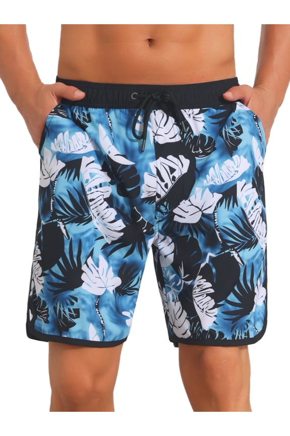 Men's Trunks Tropical Leaf Print Elastic Drawstring Waist Beach Board Shorts 34 Blue White
