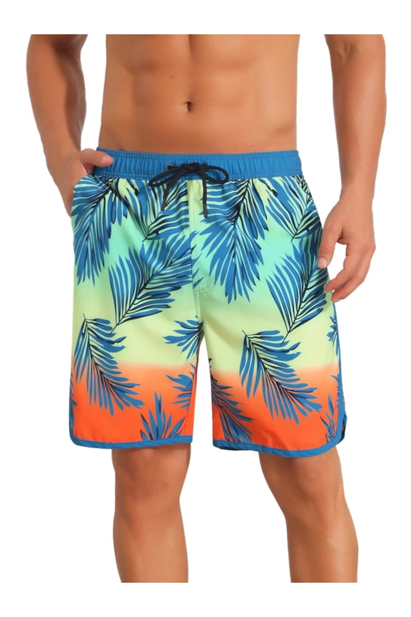 Men's Trunks Tropical Leaf Print Elastic Drawstring Waist Beach Board Shorts 34 Light Blue