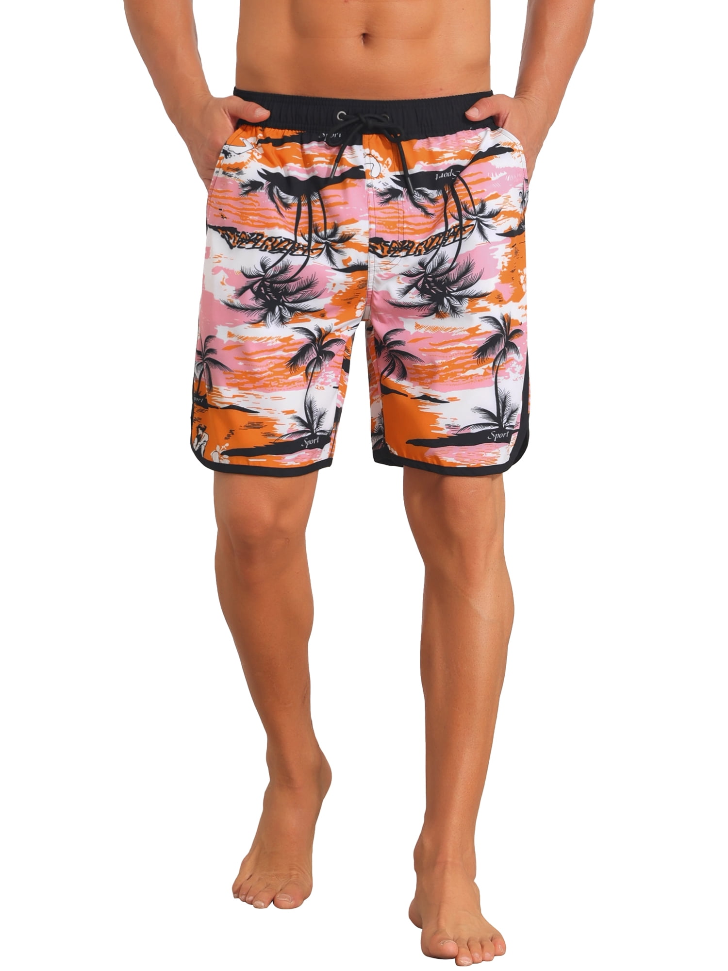 INSPIRE CHIC Men's Printed Elastic Liner Drawstring Swimming Shorts with Pockets 36 Pink