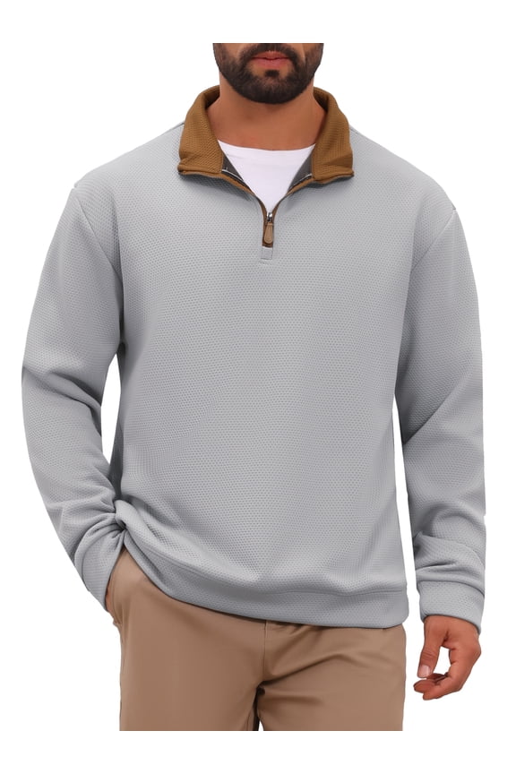 Men's Pullover Sweater Quarter Zip Mock Neck Casual Polo Sweaters M Light Gray
