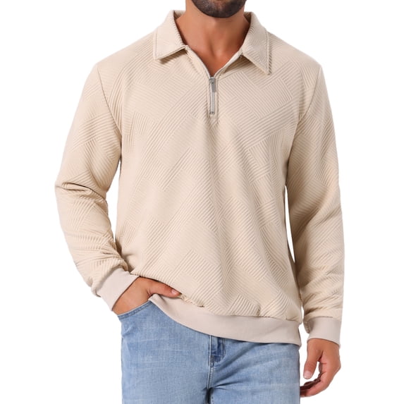 INSPIRE CHIC Men's Quarter Zip Long Sleeve Knitted Geometric Patterns Pullover Sweatshirt S Beige