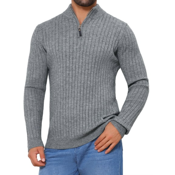 INSPIRE CHIC Men's Quarter Zip Pullover Sweater Knitted Mock Neck Polo Sweater L Gray