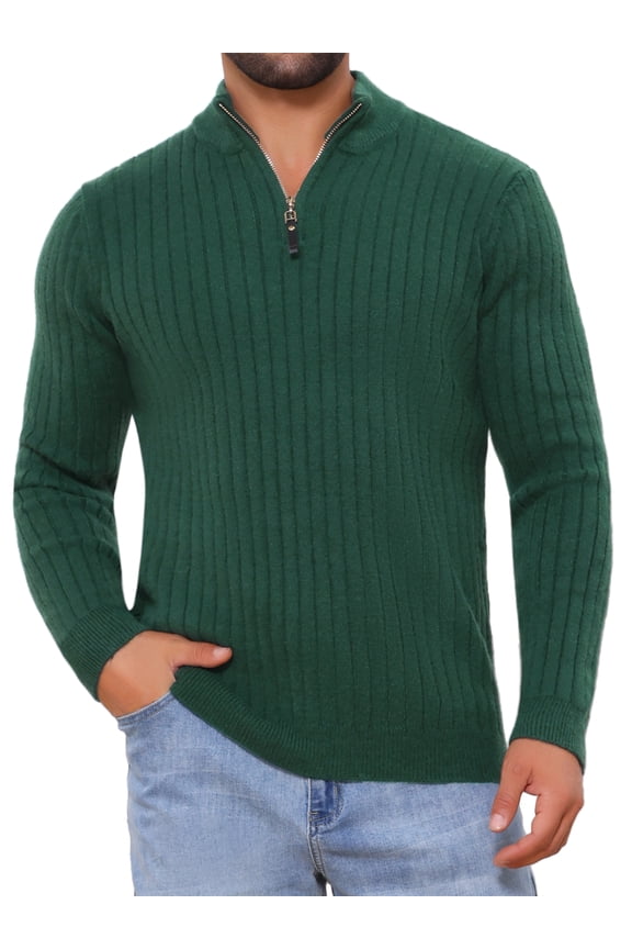 Men's Quarter Zip Pullover Sweater Knitted Mock Neck Polo Sweater L Green