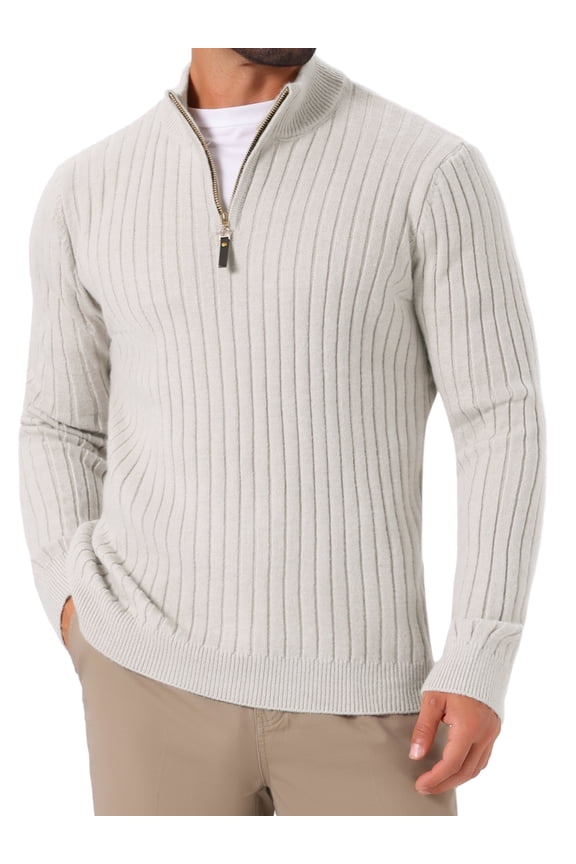Men's Quarter Zip Pullover Sweater Knitted Mock Neck Polo Sweater L Light Gray