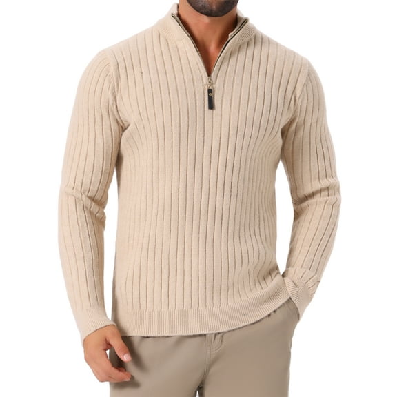 INSPIRE CHIC Men's Quarter Zip Pullover Sweater Knitted Mock Neck Polo Sweater M Beige