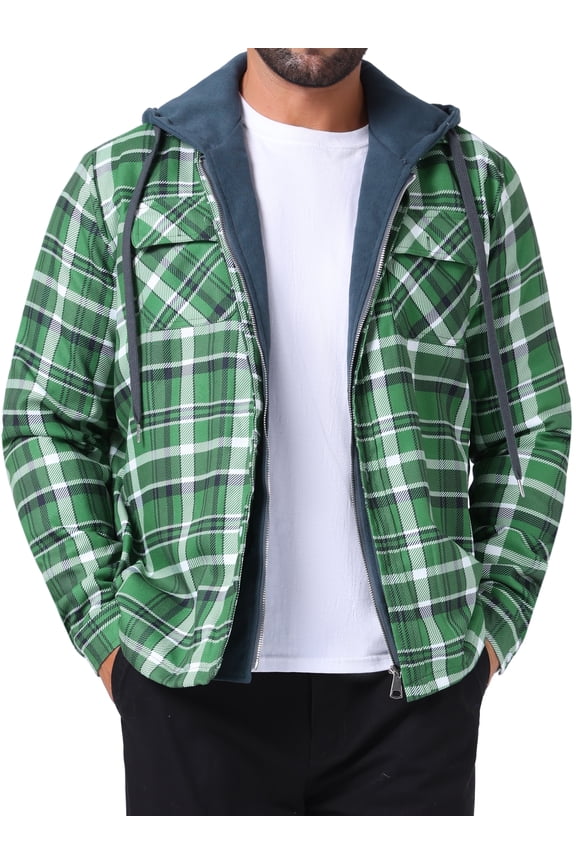 Men's Quilted Jacket Drawstring Hooded Zipper Padded Plaid Shacket L Dark Green