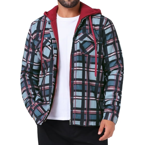 INSPIRE CHIC Men's Quilted Jacket Drawstring Hooded Zipper Padded Plaid Shacket L Red Gray