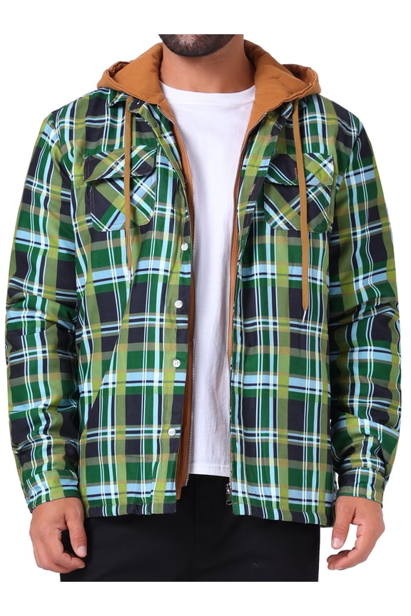 Men's Quilted Jacket Drawstring Hooded Zipper Padded Plaid Shacket M Green Khaki