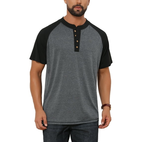 INSPIRE CHIC Men's Raglan Retro Colorblock Short Sleeve Button Down Henley Shirt L Dark Gray
