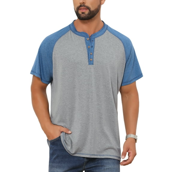 INSPIRE CHIC Men's Raglan Retro Colorblock Short Sleeve Button Down Henley Shirt L Light Gray