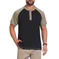 thumbnail image 1 of INSPIRE CHIC Men's Raglan Retro Colorblock Short Sleeve Button Down Henley Shirt M Black, 1 of 5