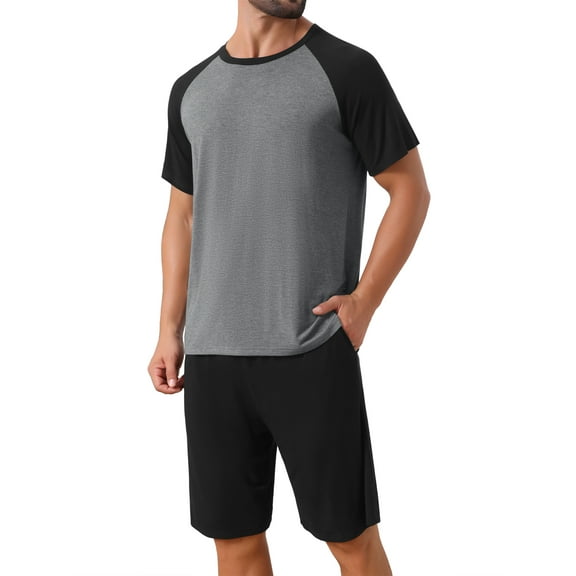 INSPIRE CHIC Men's Raglan Short Sleeves Crew Neck Drawstring Sleepwear Pajama Set M Black Gray