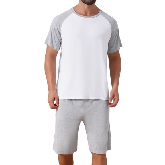 INSPIRE CHIC Men's Raglan Short Sleeves Crew Neck Drawstring Sleepwear Pajama Set XL Gray White