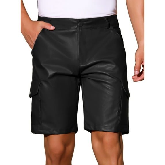 INSPIRE CHIC Men's Retro Cargo Pockets Party Biker Faux Leather Shorts 30 Black