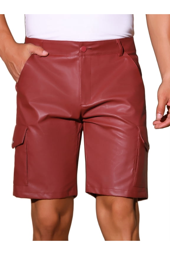 Men's Retro Cargo Pockets Party Biker Faux Leather Shorts 32 Red