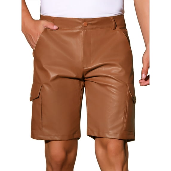 INSPIRE CHIC Men's Retro Cargo Pockets Party Biker Faux Leather Shorts 34 Brown