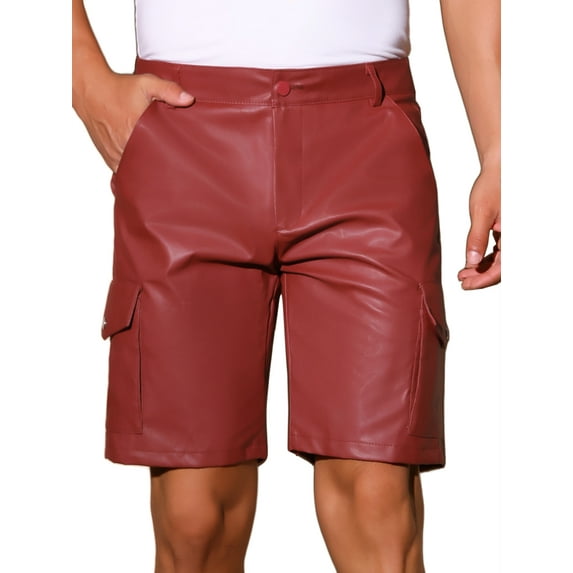 INSPIRE CHIC Men's Retro Cargo Pockets Party Biker Faux Leather Shorts 36 Red