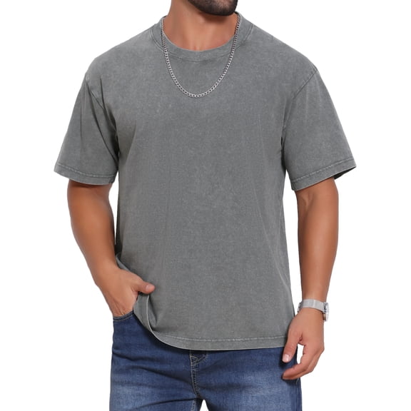 INSPIRE CHIC Men's Retro Distressed Crew Neck Short Sleeve Solid T-Shirts 2XL Gray