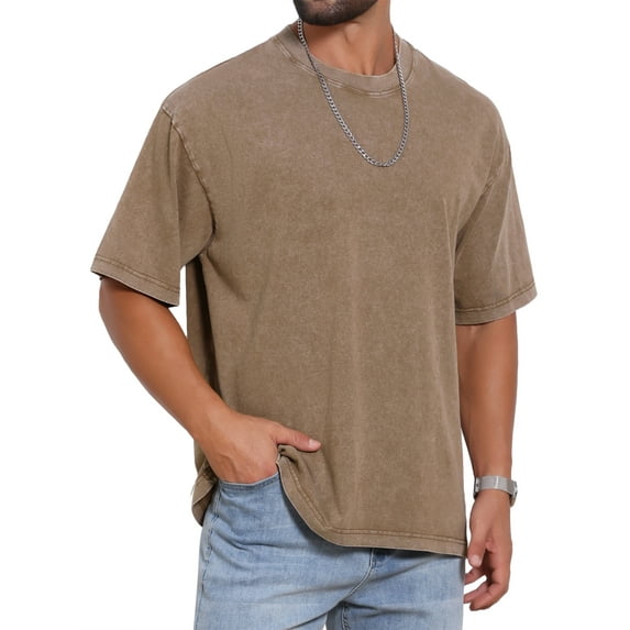 INSPIRE CHIC Men's Retro Distressed Crew Neck Short Sleeve Solid T-Shirts L Brown